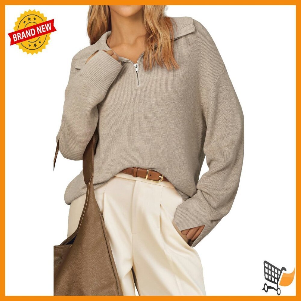 Wool Blend Quarter Zip Pullover Sweater Lapel Oversized Fit Top